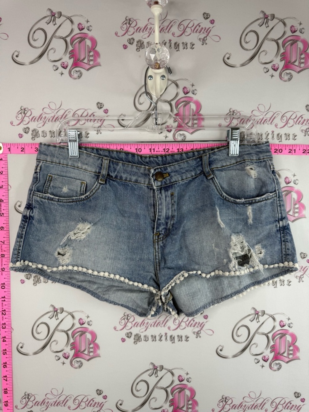 Zara shorts crochet detail trim Light Blue Distressed Denim Shorts with Pom Trim